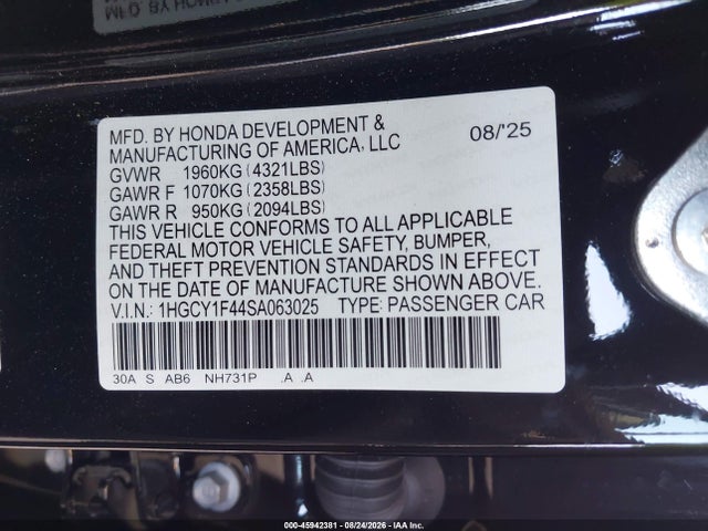 Продаж на аукціоні авто 2025 Honda Accord Se, vin: 1HGCY1F44SA063025, номер лоту: 45942381