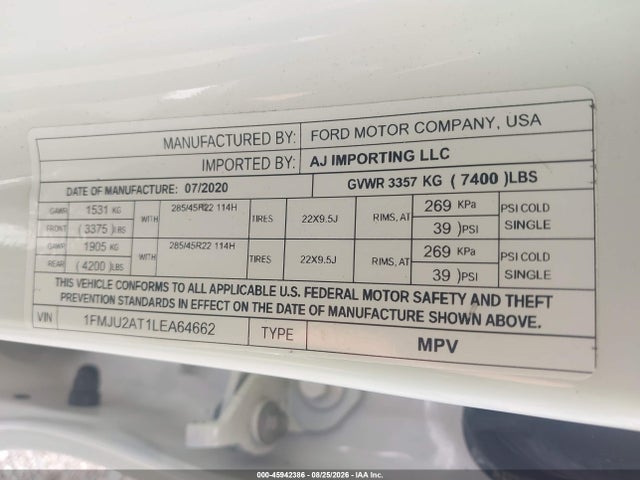 2020 Ford Expedition Limited მანქანა იყიდება აუქციონზე, vin: 1FMJU2AT1LEA64662, აუქციონის ნომერი: 45942386