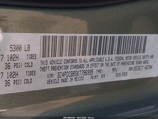 2019 Dodge Journey Se მანქანა იყიდება აუქციონზე, vin: 3C4PDCBB5KT796995, აუქციონის ნომერი: 45942391