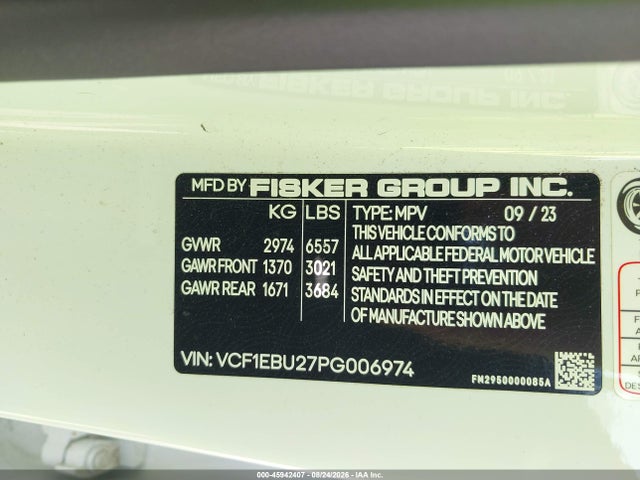Aukcja sprzedaży 2023 Fisker Ocean Extreme, vin: VCF1EBU27PG006974, numer aukcji: 45942407