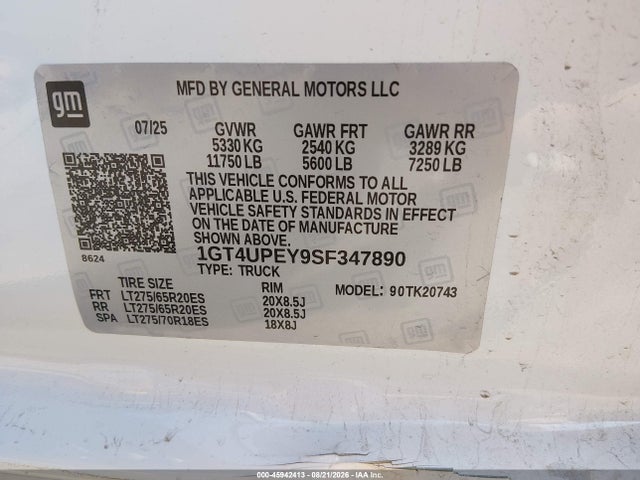 45942413 :رقم المزاد ، 1GT4UPEY9SF347890 vin ، 2025 Gmc Sierra 2500hd 4wd  Standard Bed At4 مزاد بيع
