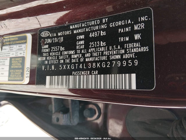 45942419 :رقم المزاد ، 5XXGT4L38KG279959 vin ، 2019 Kia Optima Lx مزاد بيع