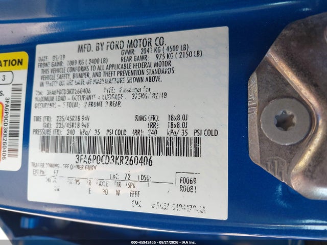 Продажа на аукционе авто 2019 Ford Fusion Sel, vin: 3FA6P0CD3KR260406, номер лота: 45942435