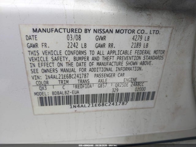 Продаж на аукціоні авто 2008 Nissan Altima 2.5 S, vin: 1N4AL21E68C241787, номер лоту: 45942440