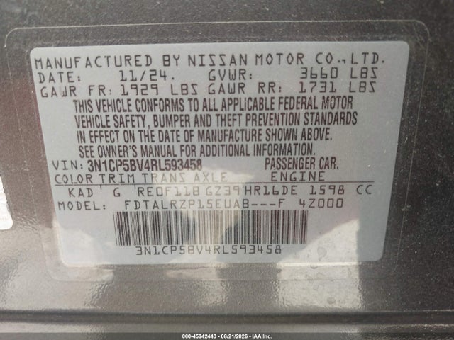 2024 Nissan Kicks S Xtronic Cvt მანქანა იყიდება აუქციონზე, vin: 3N1CP5BV4RL593458, აუქციონის ნომერი: 45942443