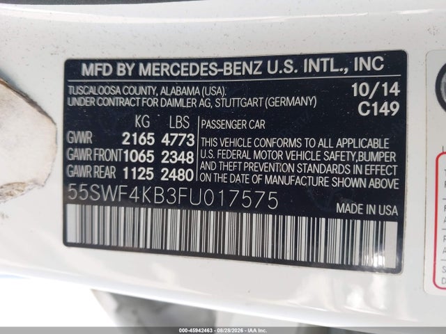 2015 Mercedes-benz C 300 Luxury 4matic მანქანა იყიდება აუქციონზე, vin: 55SWF4KB3FU017575, აუქციონის ნომერი: 45942463