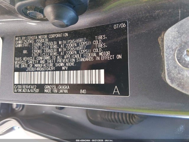 45942464 :رقم المزاد ، JTEBU14R060104391 vin ، 2006 Toyota 4runner Sr5 V6 مزاد بيع
