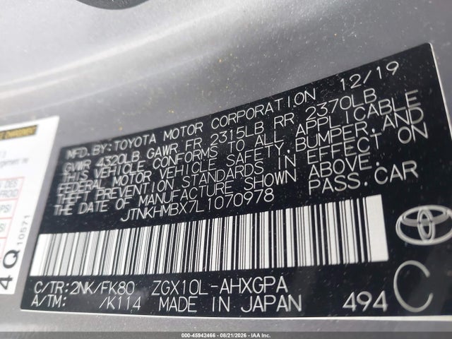 2020 Toyota C-hr Xle მანქანა იყიდება აუქციონზე, vin: JTNKHMBX7L1070978, აუქციონის ნომერი: 45942466