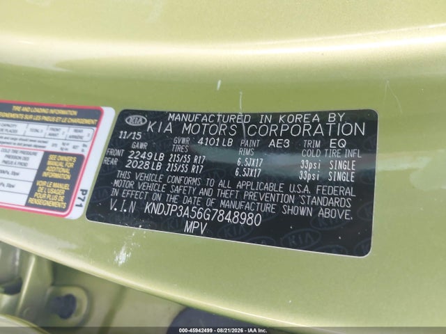 45942499 :رقم المزاد ، KNDJP3A56G7848980 vin ، 2016 Kia Soul + مزاد بيع