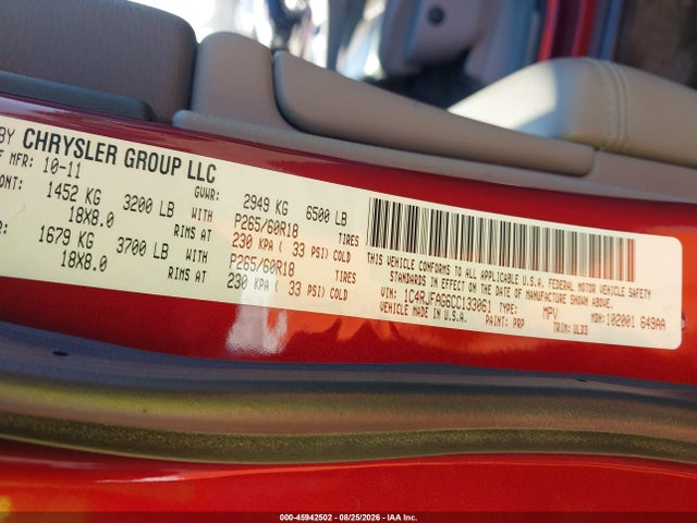 2012 Jeep Grand Cherokee Laredo მანქანა იყიდება აუქციონზე, vin: 1C4RJFAG6CC133061, აუქციონის ნომერი: 45942502