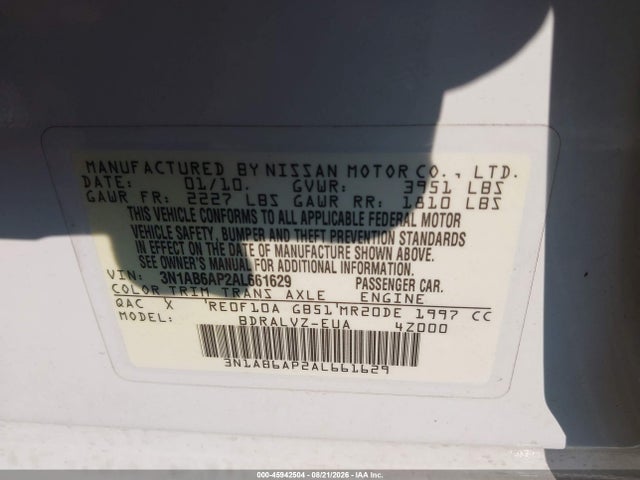 Продаж на аукціоні авто 2010 Nissan Sentra 2.0sl, vin: 3N1AB6AP2AL661629, номер лоту: 45942504