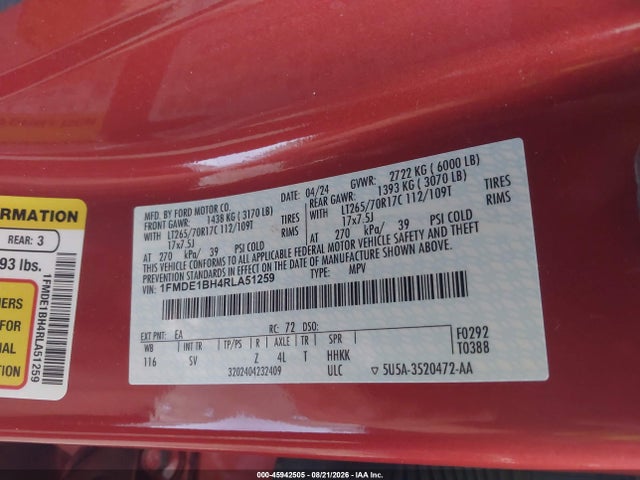 45942505 :رقم المزاد ، 1FMDE1BH4RLA51259 vin ، 2024 Ford Bronco Black Diamond مزاد بيع