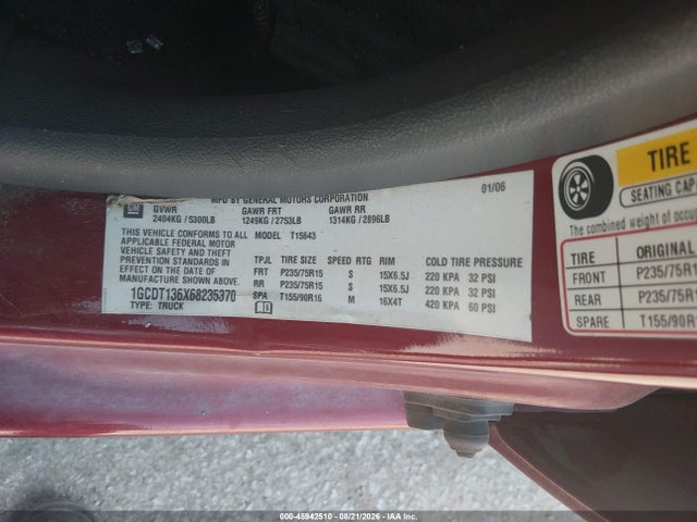 45942510 :رقم المزاد ، 1GCDT136X68235370 vin ، 2006 Chevrolet Colorado Lt مزاد بيع