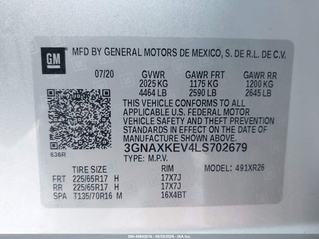 Продаж на аукціоні авто 2020 Chevrolet Equinox Fwd Lt 1.5l Turbo, vin: 3GNAXKEV4LS702679, номер лоту: 45942516
