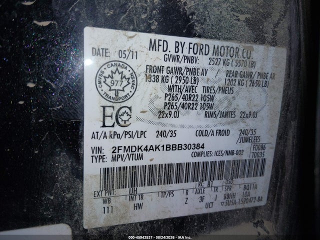 Aukcja sprzedaży 2011 Ford Edge Sport, vin: 2FMDK4AK1BBB30384, numer aukcji: 45942537