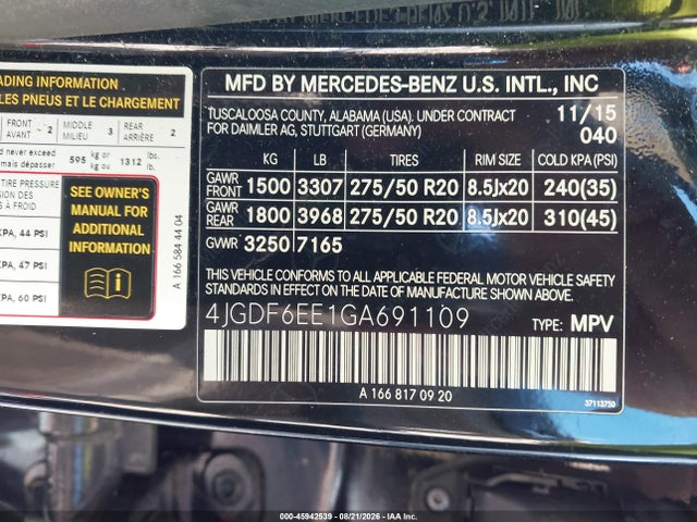 Продаж на аукціоні авто 2016 Mercedes-benz Gl 450 4matic, vin: 4JGDF6EE1GA691109, номер лоту: 45942539