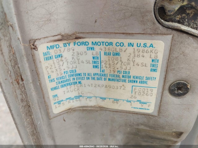 45942543 :رقم المزاد ، 1FTCR14T2KPA90372 vin ، 1989 Ford Ranger Super Cab مزاد بيع