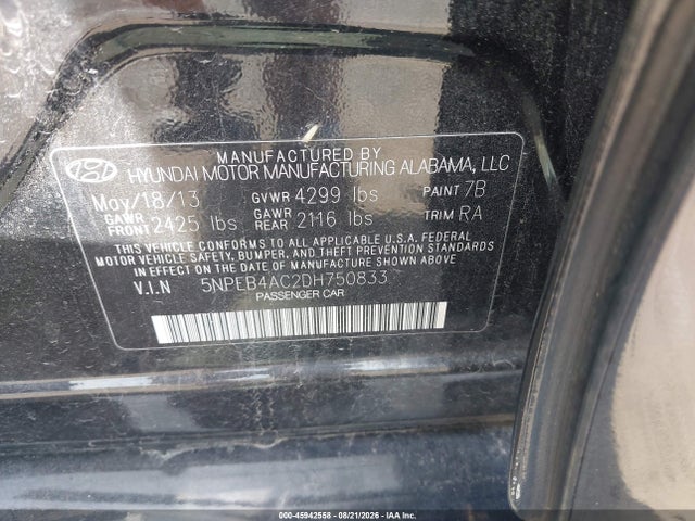Aukcja sprzedaży 2013 Hyundai Sonata Gls, vin: 5NPEB4AC2DH750833, numer aukcji: 45942558