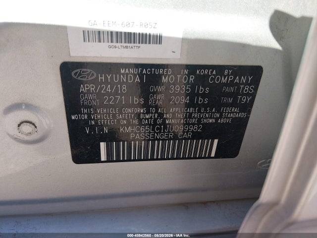 KMHC65LC1JU099982 Hyundai Ioniq Hybrid Blue