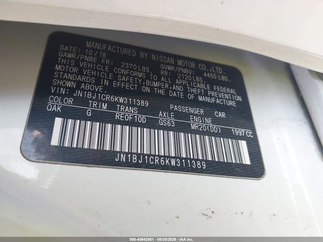 Продажа на аукционе авто 2019 Nissan Rogue Sport S, vin: JN1BJ1CR6KW311389, номер лота: 45942561