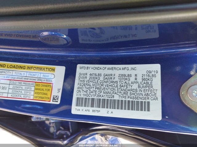 Продажа на аукционе авто 2019 Honda Accord Sport, vin: 1HGCV1F35KA170228, номер лота: 45942567