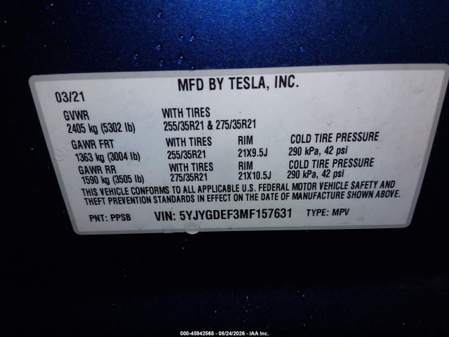 2021 Tesla Model Y Performance Dual Motor All-wheel Drive მანქანა იყიდება აუქციონზე, vin: 5YJYGDEF3MF157631, აუქციონის ნომერი: 45942568