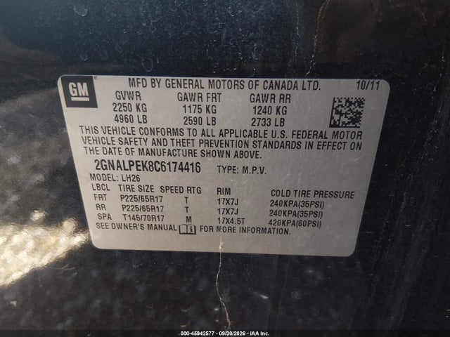 2012 Chevrolet Equinox Lt W/2lt მანქანა იყიდება აუქციონზე, vin: 2GNALPEK8C6174416, აუქციონის ნომერი: 45942577