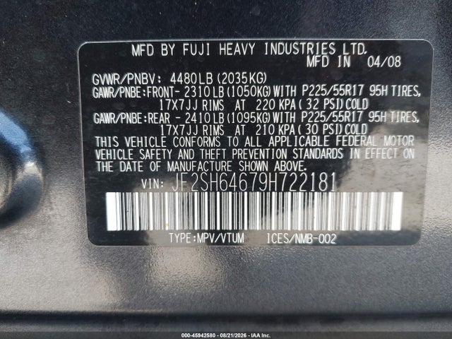 45942580 :رقم المزاد ، JF2SH64679H722181 vin ، 2009 Subaru Forester 2.5x Limited مزاد بيع
