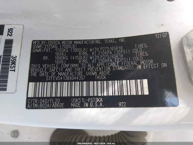 2008 Toyota Tundra Sr5 5.7l V8 მანქანა იყიდება აუქციონზე, vin: 5TFEV54138X044357, აუქციონის ნომერი: 45942582