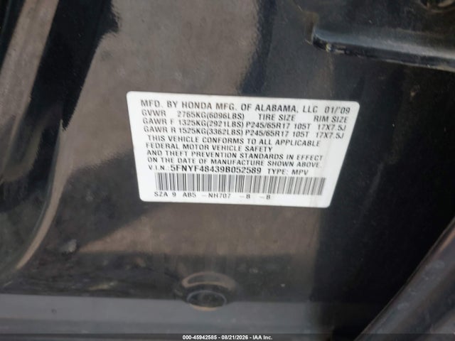 Продаж на аукціоні авто 2009 Honda Pilot Ex, vin: 5FNYF48439B052589, номер лоту: 45942585
