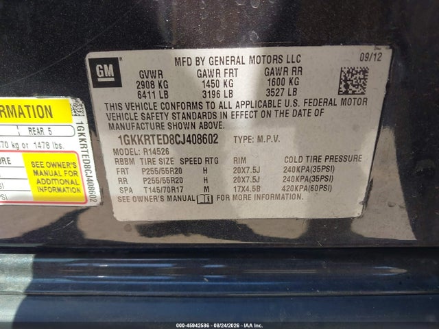 Aukcja sprzedaży 2012 Gmc Acadia Denali, vin: 1GKKRTED8CJ408602, numer aukcji: 45942586