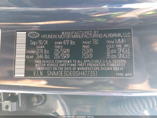 Aukcja sprzedaży 2025 Hyundai Tucson Limited, vin: 5NMJE3DE0SH477351, numer aukcji: 45942599
