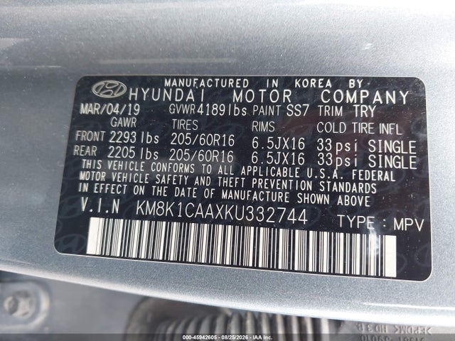 45942605 :رقم المزاد ، KM8K1CAAXKU332744 vin ، 2019 Hyundai Kona Se مزاد بيع
