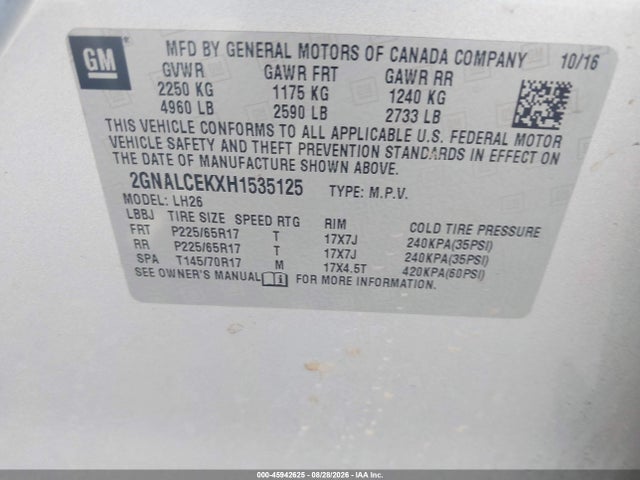 Chevrolet EQUINOX LT 2017 2GNALCEKXH1535125 Image 9