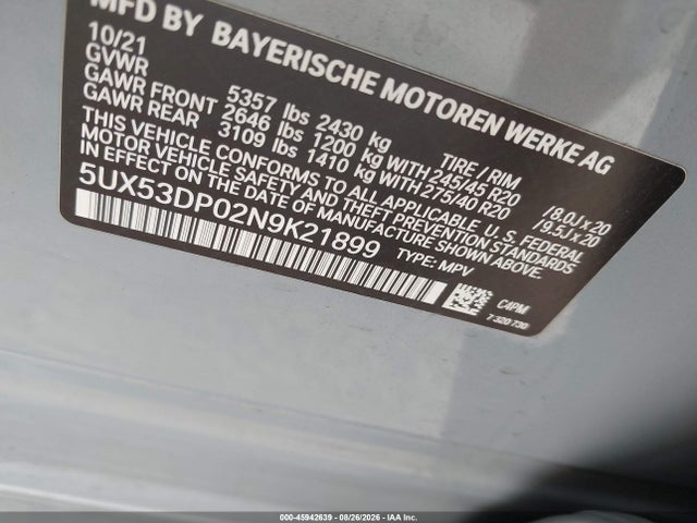 Aukcja sprzedaży 2022 Bmw X3 Xdrive30i, vin: 5UX53DP02N9K21899, numer aukcji: 45942639