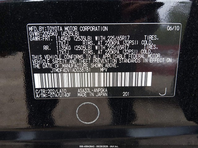 45942643 :رقم المزاد ، JTMDF4DV1AD038781 vin ، 2010 Toyota Rav4 Limited مزاد بيع
