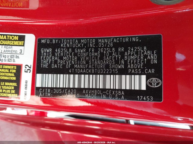 Aukcja sprzedaży 2026 Toyota Camry Se, vin: 4T1DAACK8TU322315, numer aukcji: 45942644