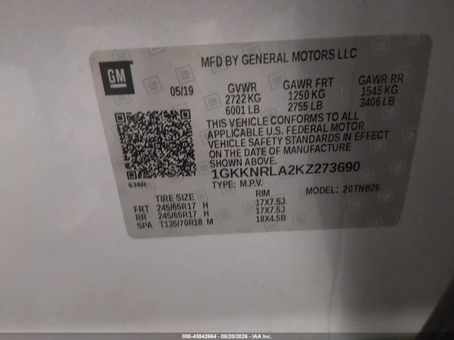 Aukcja sprzedaży 2019 Gmc Acadia Sle-1, vin: 1GKKNRLA2KZ273690, numer aukcji: 45942664