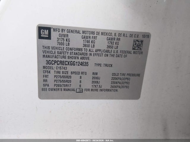 Aukcja sprzedaży 2016 Chevrolet Silverado 1500 Lt, vin: 3GCPCRECXGG124635, numer aukcji: 45942673