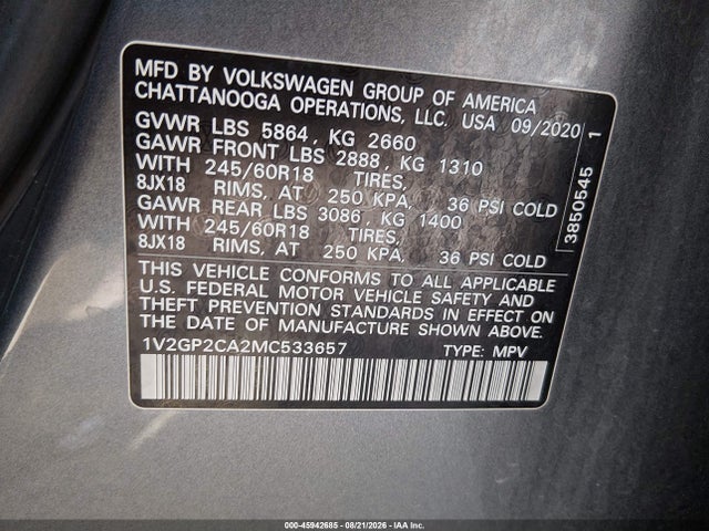 45942685 :رقم المزاد ، 1V2GP2CA2MC533657 vin ، 2021 Volkswagen Atlas 2.0t S مزاد بيع