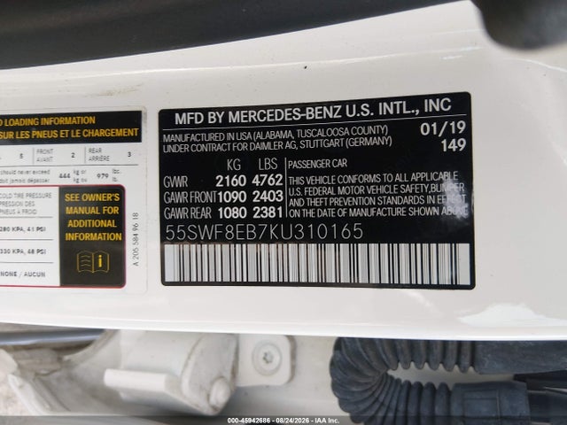 2019 Mercedes-benz C 300 4matic მანქანა იყიდება აუქციონზე, vin: 55SWF8EB7KU310165, აუქციონის ნომერი: 45942686