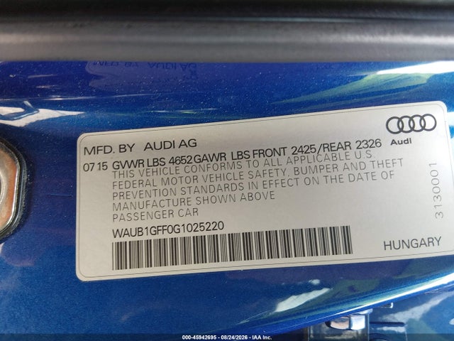 Продажа на аукционе авто 2016 Audi S3 Premium Plus, vin: WAUB1GFF0G1025220, номер лота: 45942695