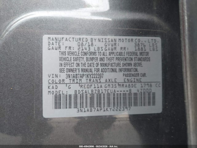 45942696 :رقم المزاد ، 3N1AB7AP1KY222397 vin ، 2019 Nissan Sentra S مزاد بيع