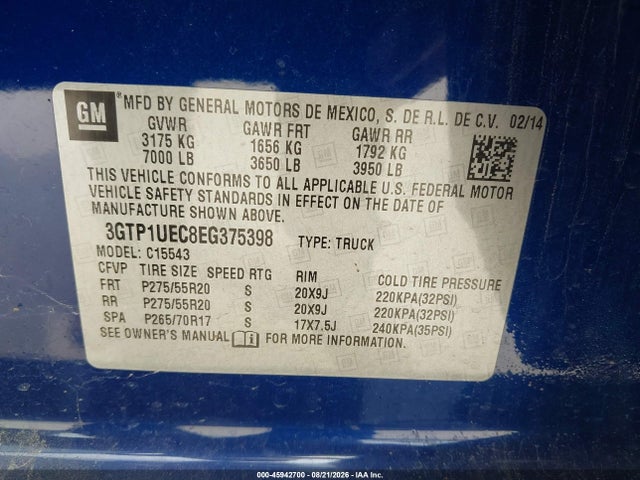 Aukcja sprzedaży 2014 Gmc Sierra 1500 Sle, vin: 3GTP1UEC8EG375398, numer aukcji: 45942700