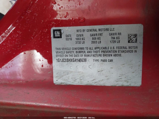 45942705 :رقم المزاد ، 1G1JC5SHXG4146638 vin ، 2016 Chevrolet Sonic Lt Auto مزاد بيع