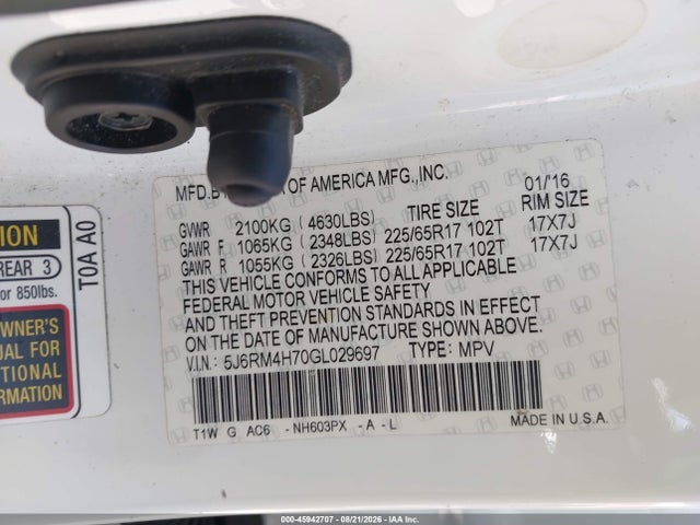 Honda Cr-v Ex-l 2016 5J6RM4H70GL029697 Image 9