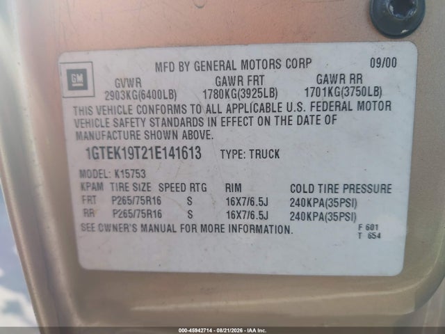 2001 Gmc Sierra 1500 Sle მანქანა იყიდება აუქციონზე, vin: 1GTEK19T21E141613, აუქციონის ნომერი: 45942714