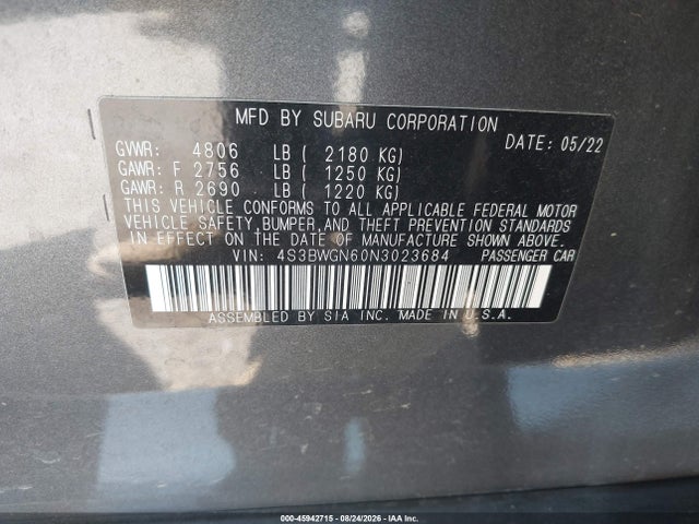 45942715 :رقم المزاد ، 4S3BWGN60N3023684 vin ، 2022 Subaru Legacy Limited Xt مزاد بيع
