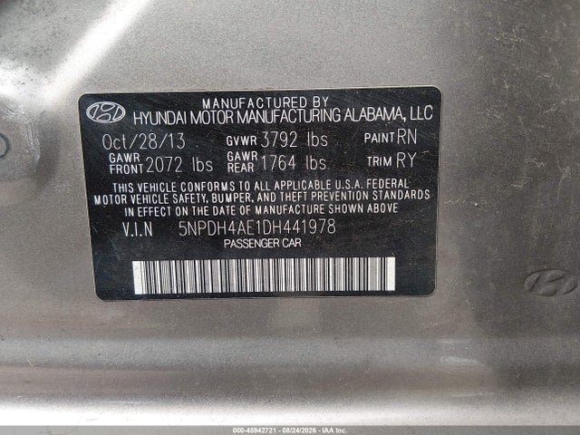 Auction sale of the 2013 Hyundai Elantra Limited, vin: 5NPDH4AE1DH441978, lot number: 45942721