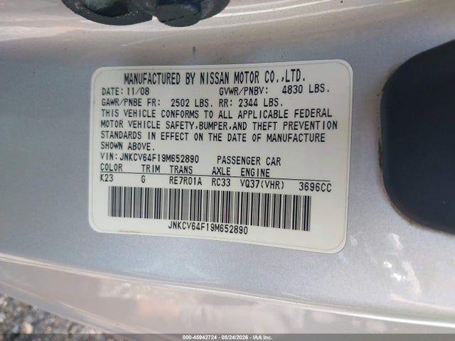 Aukcja sprzedaży 2009 Infiniti G37x, vin: JNKCV64F19M652890, numer aukcji: 45942724